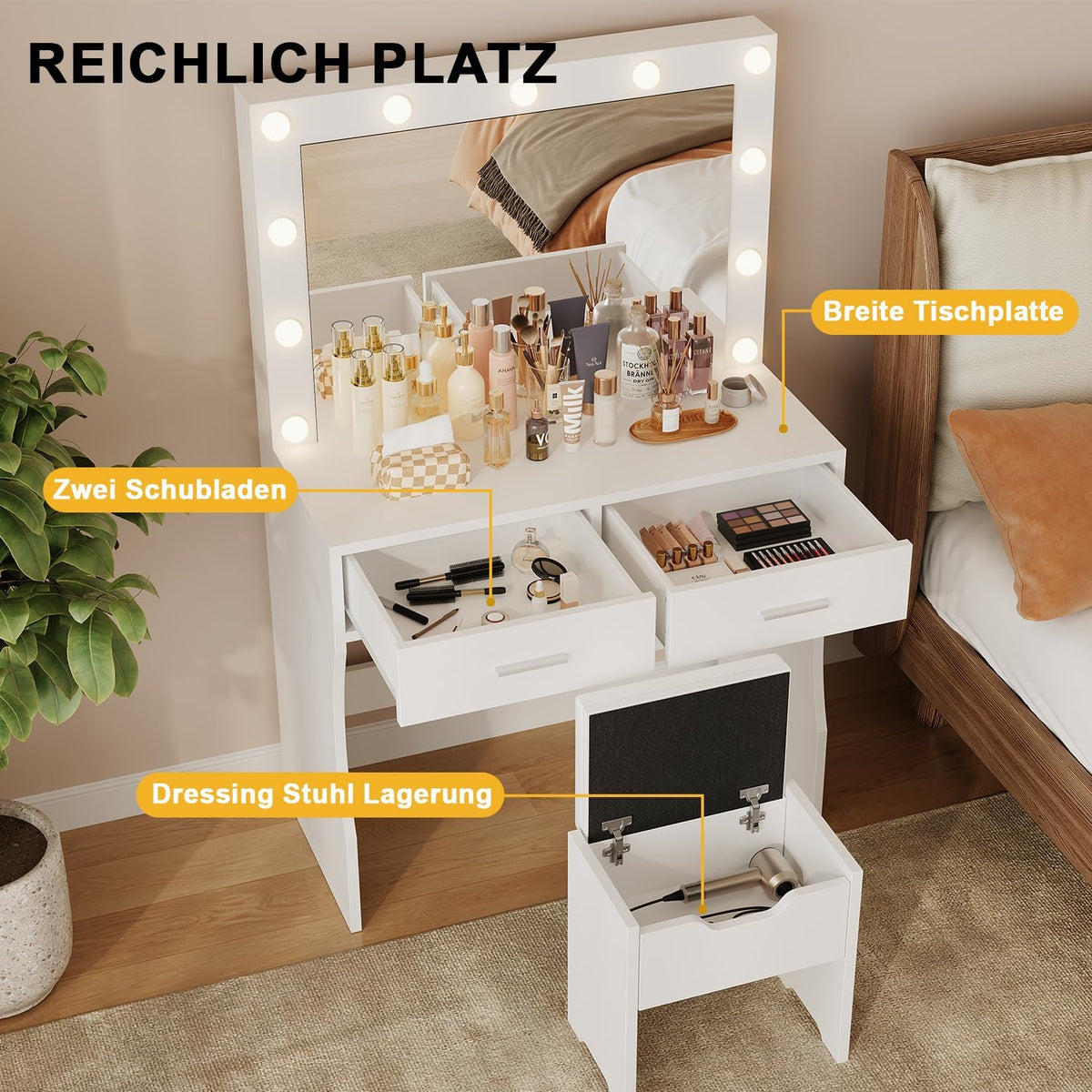 JUMMICO Grote kaptafel met ledverlichting en spiegel, 74 x 52 cm, instelbare helderheid en kleurtemperatuur, make-uptafel met 11 ledgloeilampen, wit