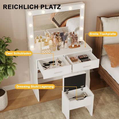 JUMMICO Grote kaptafel met ledverlichting en spiegel, 74 x 52 cm, instelbare helderheid en kleurtemperatuur, make-uptafel met 11 ledgloeilampen, wit
