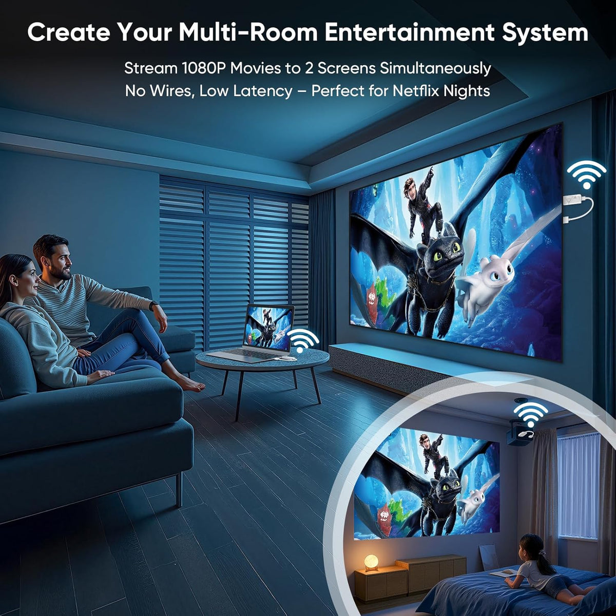 Draadloze HDMI-zender en 2 ontvangers, HDMI Wireless voor de overdracht van video's en audio van laptop/pc/camera naar 2 monitoren/projector/tv, 5G draadloze extender plug-and-play
