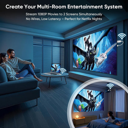 Draadloze HDMI-zender en 2 ontvangers, HDMI Wireless voor de overdracht van video's en audio van laptop/pc/camera naar 2 monitoren/projector/tv, 5G draadloze extender plug-and-play