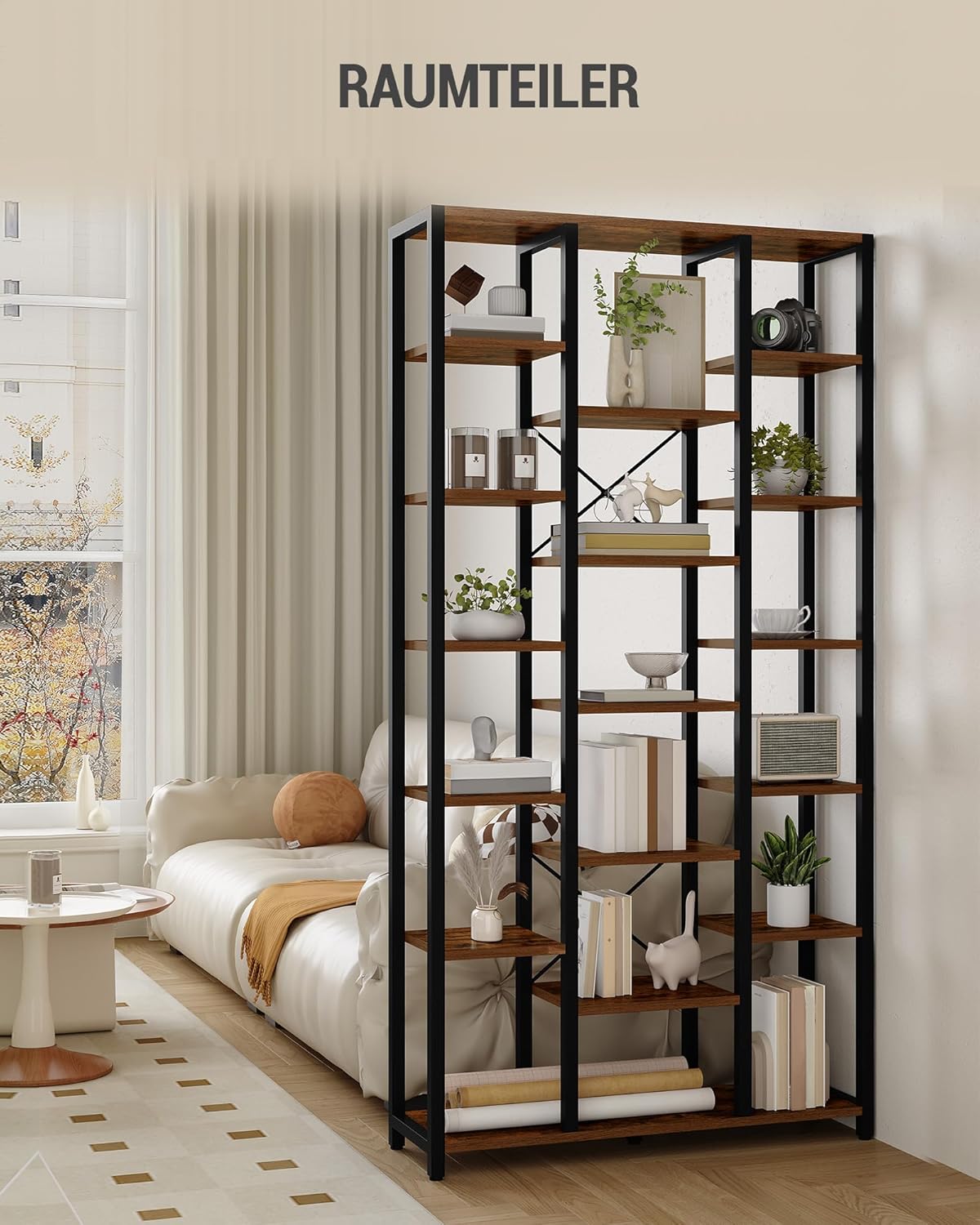 Hzuaneri bookshelf, bookcase with 7 levels and 18 open shelves, adjustable storage cabinet for living room and home office, 30 x 100 x 200 cm, Rustic Brown and Black, BC15601B