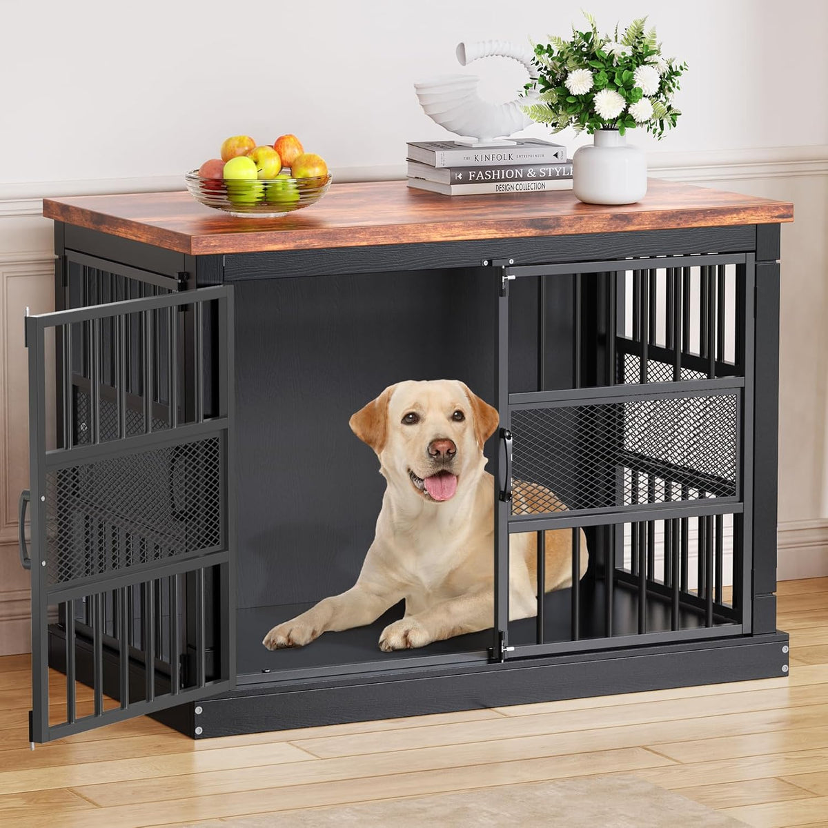 101 cm hondenbench, beetbestendige hondenbench, zware hondenkooi met dubbele deur, houten bijzettafel voor slaapkamer en woonkamer, zwart