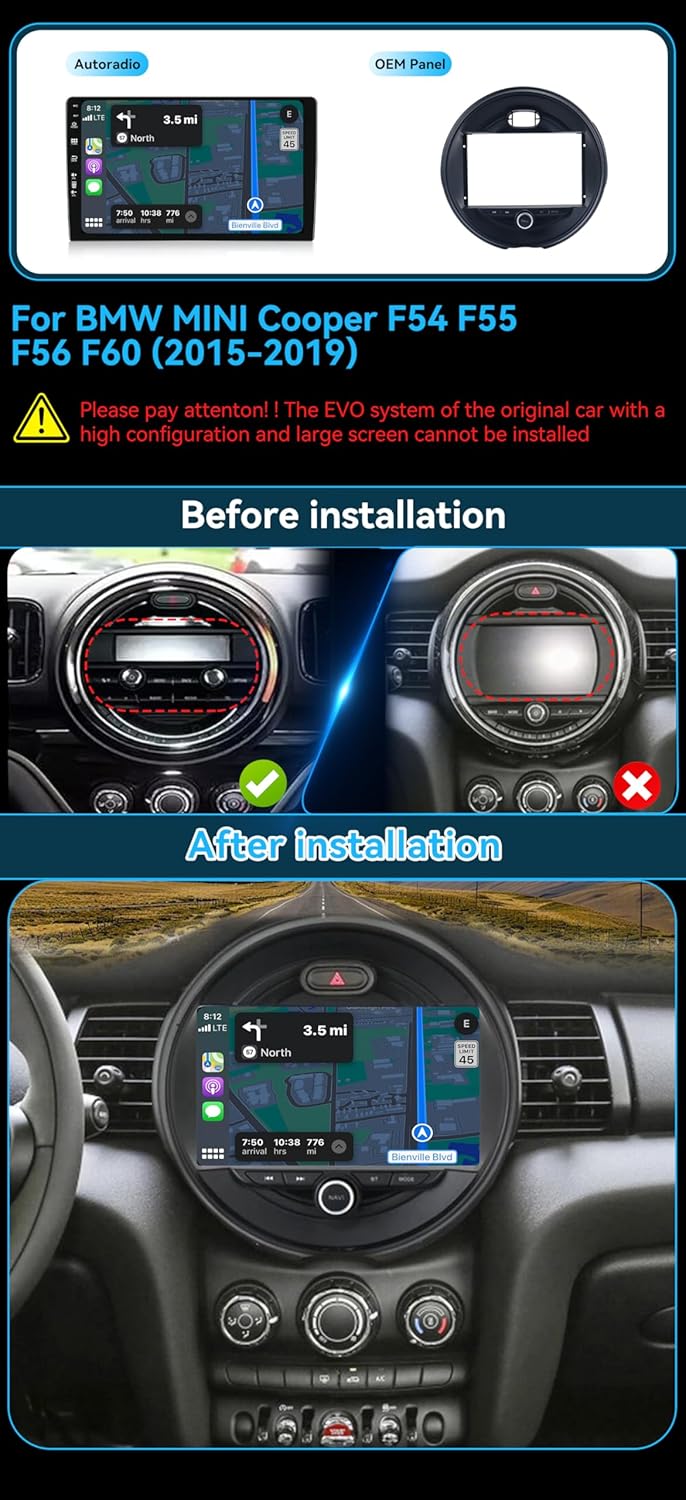 MSD Autoradio Voor BMW MINI Cooper F54 F55 F56 F60 (2015-2019) | Android 14 GPS Navigation Radio | 4G+64G | CarPlay Android Auto Stuurwiel DAB 4G WiFi DSP Bluetooth 360-CAM | Camera | 2 Din 9 Inch