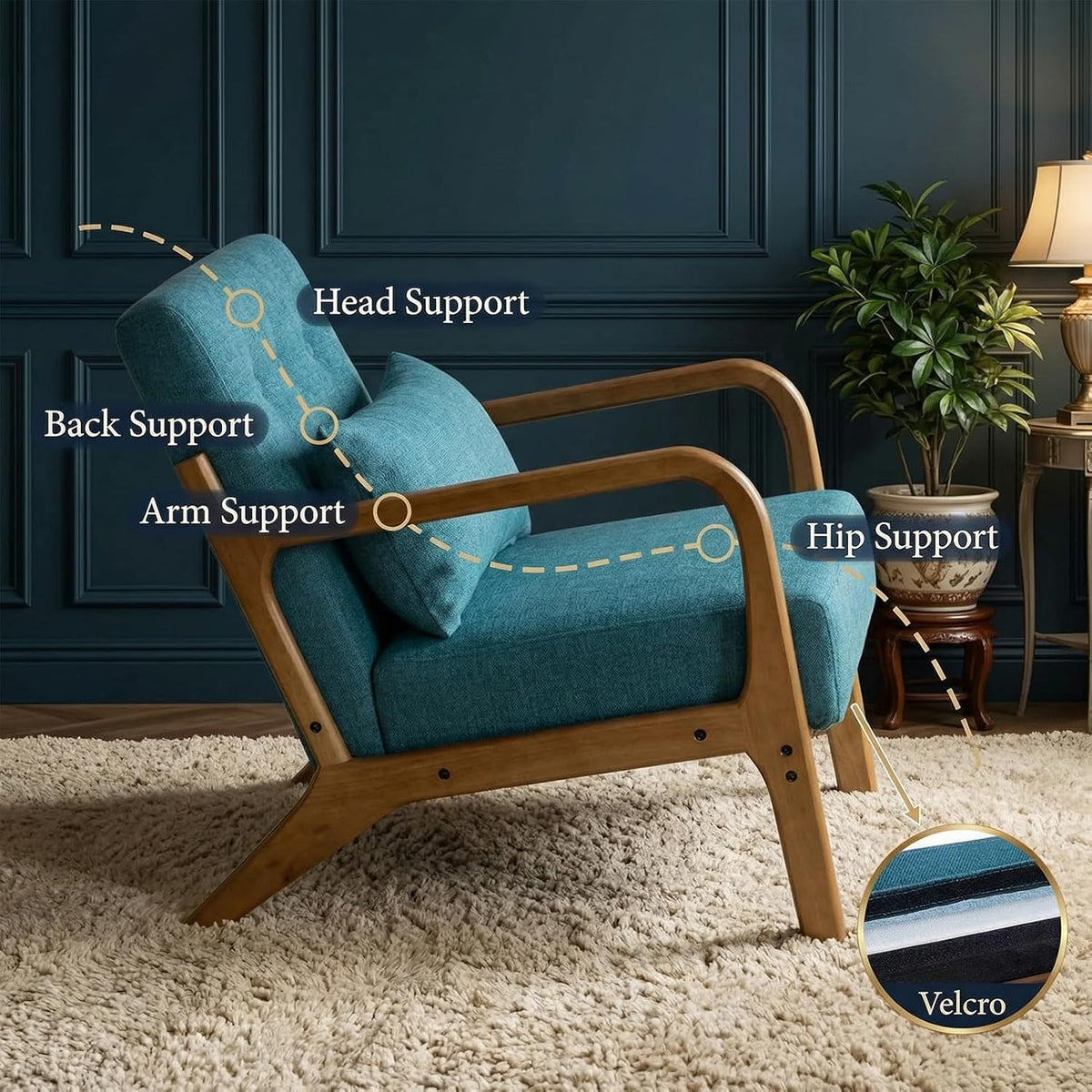HollyHOME Fauteuil Woonkamer Comfortabele Armstoel Leesstoel Slaapkamer Relax Accent Stoelen met Houten Frame, Teal