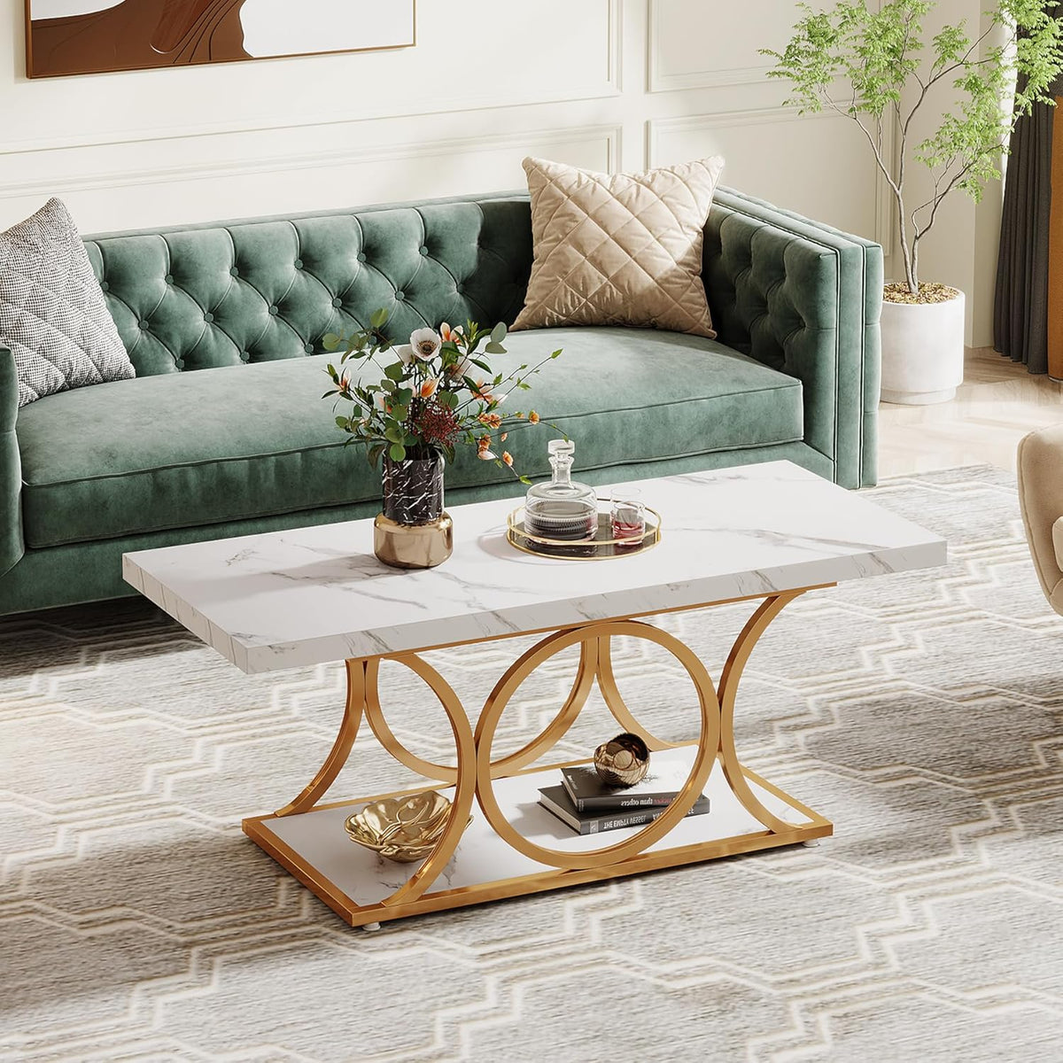 Tribesigns Rectangular Coffee Table, Modern Living Room Table, 2-Tier Artificial Marble Coffee Table, Geometric Legs Furniture with Storage Compartment (White and Gold)