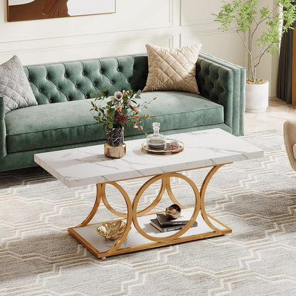 Tribesigns Rectangular Coffee Table, Modern Living Room Table, 2-Tier Artificial Marble Coffee Table, Geometric Legs Furniture with Storage Compartment (White and Gold)
