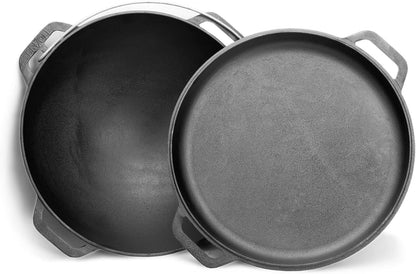 4BIG.fun Kazan Cast Iron Casserole 12 Litres with Lid, Frying Pan, Wok Pan, Grill, Cast Iron, Camping Pot, Asian Wok, Traditional Cast Iron Pan, Grill Wok