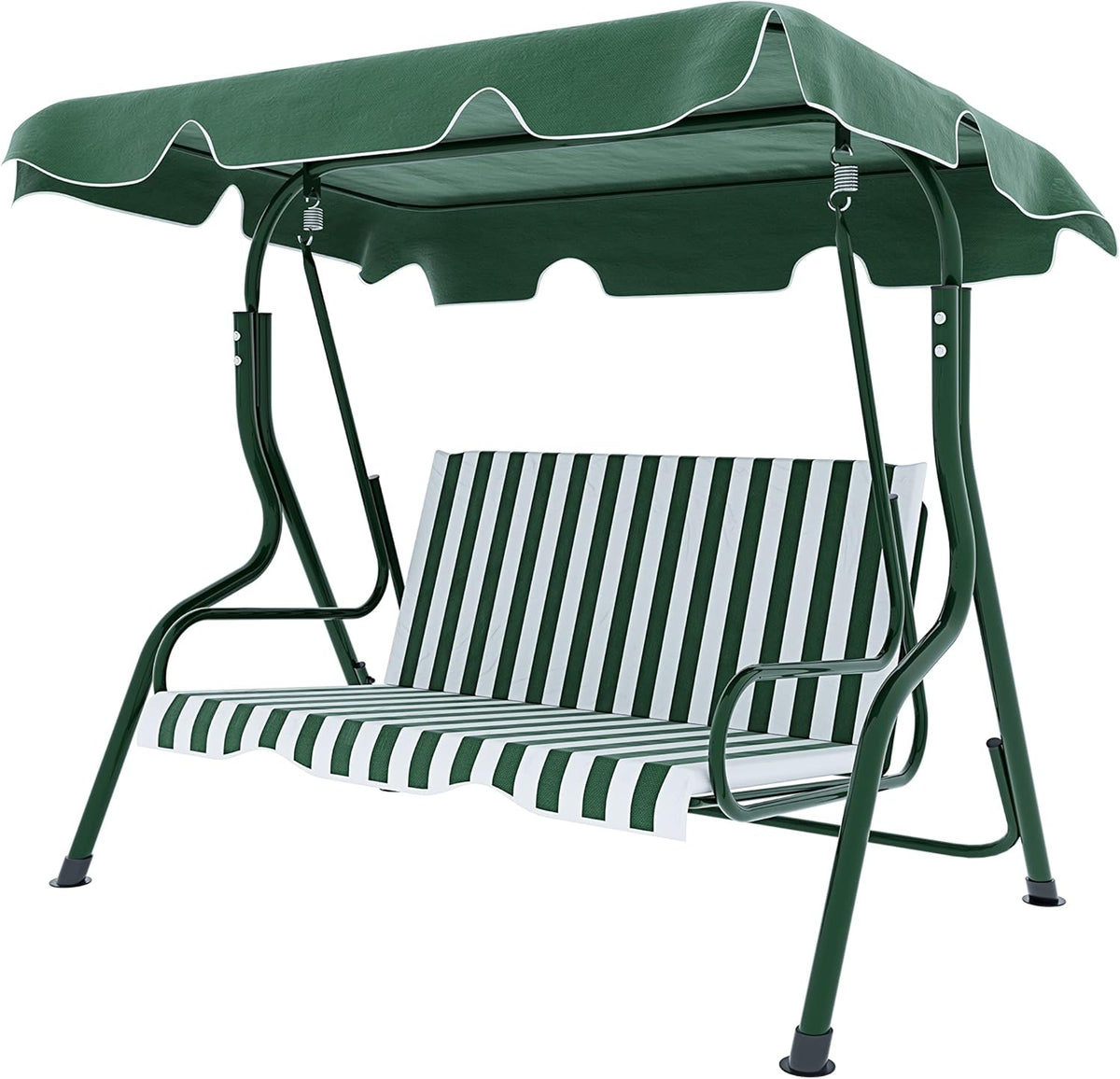 Schommelbank 3-zits met verstelbaar zonnedak, gevoerd kussen, robuust frame van gelakt staal, voor buiten, tuin, balkon, terras, zwembad, 170 x 110 x 153 cm (groen gestreept)