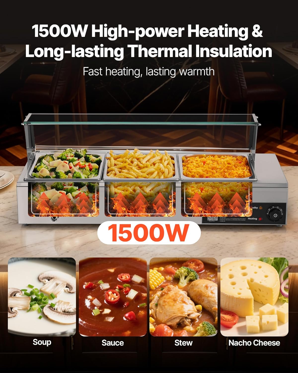 Voedselwarmer – Elektrische Warmer – Buffetverwarmer – Warmhoudpan – Stoomtafel – Roestvrij Staal – 1500 W – 3 Containers met Glazen Deksel