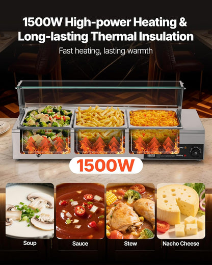 Voedselwarmer – Elektrische Warmer – Buffetverwarmer – Warmhoudpan – Stoomtafel – Roestvrij Staal – 1500 W – 3 Containers met Glazen Deksel