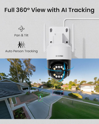ZOSI 4K WiFi 6 buiten bewakingscamera set, 8MP NVR met 1TB HDD, 4X 360° WLAN camera met persoons- en voertuigdetectie, kleuren nachtzicht, C296B