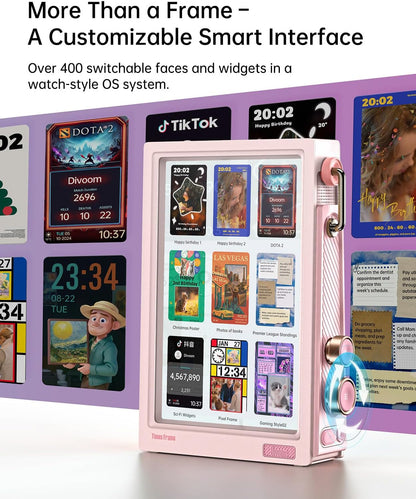 Divoom Times Frame Transparante digitale fotolijst (10,1 inch) met wifi en 64 GB, IPS-display met zwevend effect en RGB-draaiknop, 400+ wijzerplaten, widgets en pixel-art community (roze)