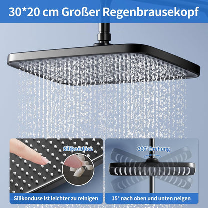 Douche Systeem – Thermostaatkraan – Regendouche – Handdouche – Douche Set – Matzwart – Constante Watertemperatuur 38°C – Verstelbare Draaibare Regendouche 360°