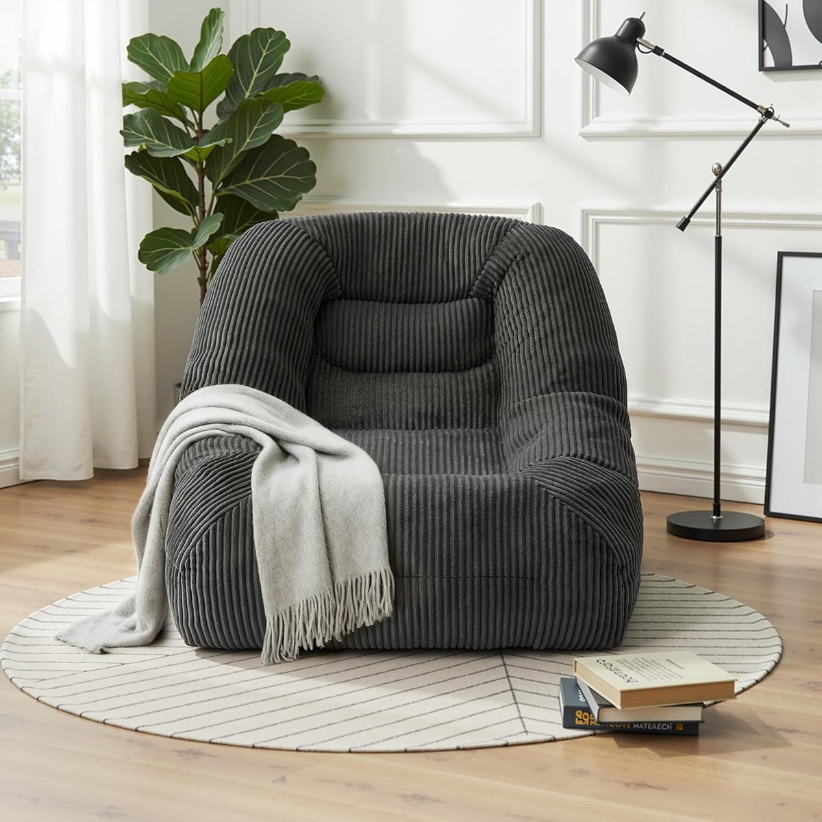 Pamapic Zitzak, grote eenpersoonszitzak met vulling, ergonomische ligstoel, corduroy luie bank, zitzak voor volwassenen, loungestoel voor woonkamer, slaapkamer, speelkamer, grijs, 93 x 85 x 70 cm