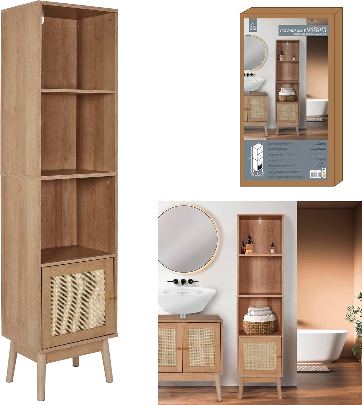 HOME DECO FACTORY, HD0225, 1-deurskolom, Bali-model, Natural Crush-collectie, meubel, kast, badkamermeubel, 40 x 160 x 30 cm, bruin - QUORE