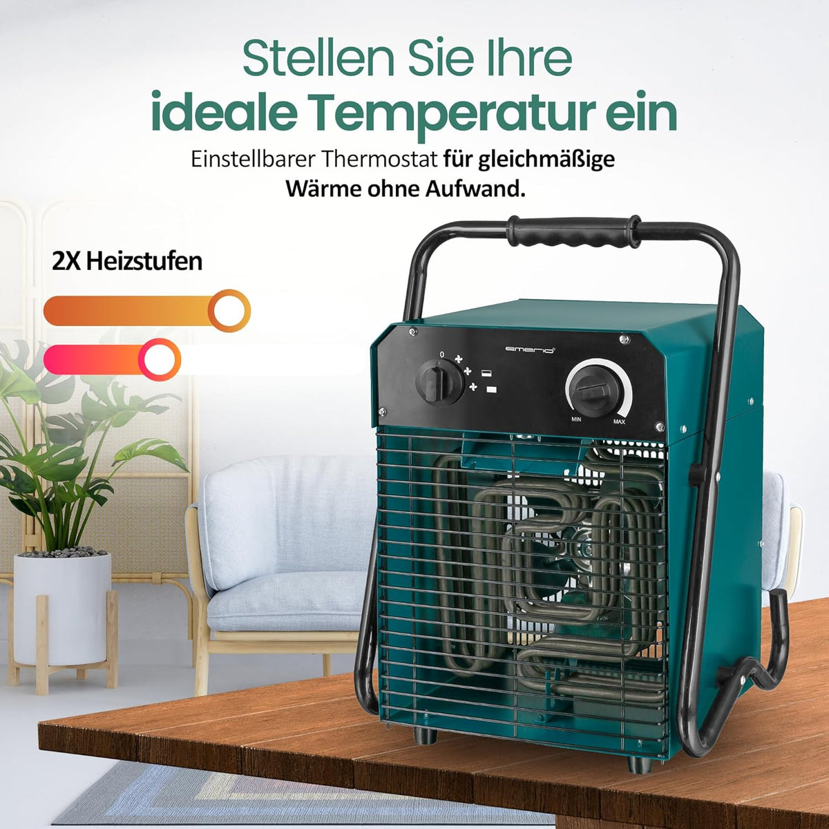 EMERIO Ventilatorkachel, voor ruimtes tot 50 m², IP24, 5000 W krachtstroom, roestvrijstalen verwarmingselement, 2 warmtestanden, instelbare thermostaat, oververhittingsbeveiliging, stabiele