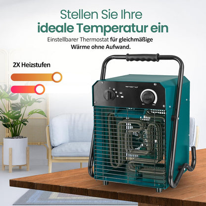 EMERIO Ventilatorkachel, voor ruimtes tot 50 m², IP24, 5000 W krachtstroom, roestvrijstalen verwarmingselement, 2 warmtestanden, instelbare thermostaat, oververhittingsbeveiliging, stabiele