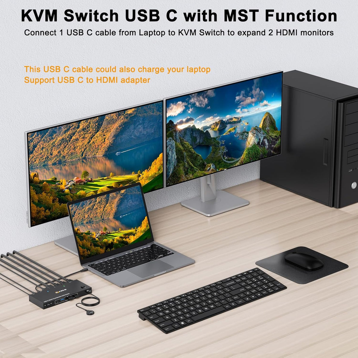 KVM Switch 2 PC 2 monitoren USB C, KVM Switch Dual Monitor voor Laptop & PC, USB 3.0 MST Dual 4K @60Hz, PD 60W voor laptop, HDMI DP KVM-switches USB C, met bedrade afstandsbediening