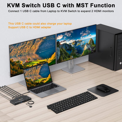 KVM Switch 2 PC 2 monitoren USB C, KVM Switch Dual Monitor voor Laptop & PC, USB 3.0 MST Dual 4K @60Hz, PD 60W voor laptop, HDMI DP KVM-switches USB C, met bedrade afstandsbediening