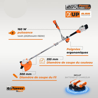 RURIS Bosmaaier met accu 3044e – borstelloze motor, maaibreedte 300 mm (draad) / 255 mm (lemmet), ergonomische handgrepen, accu 2 x 20 V Li-ION 4 Ah en dubbele oplader inbegrepen
