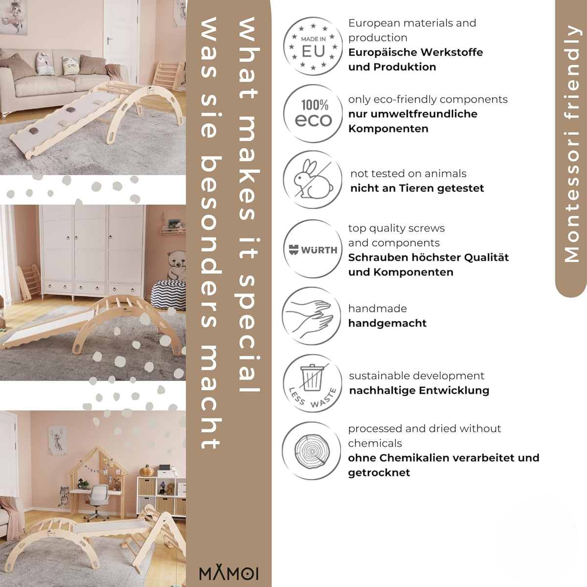 MAMOI® Klimboog van natuurlijke materialen | Klimdriehoek gemaakt van grenenhout | Klimrek binnen | Klimrek van hout