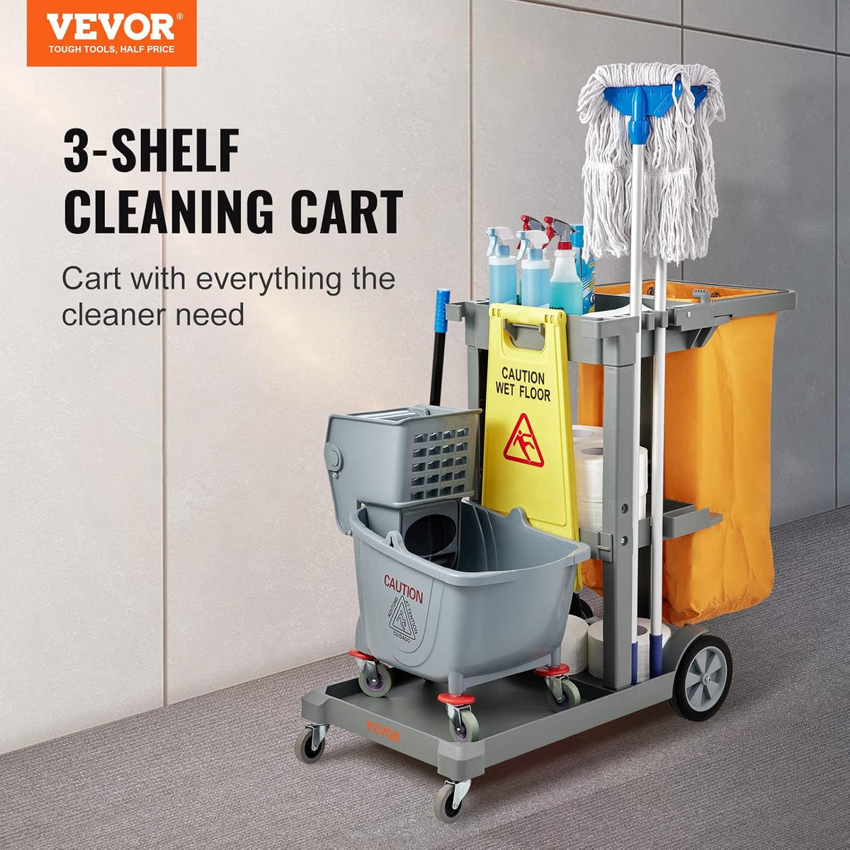 VEVOR Professional Household Cart, 3 Floors, Cleaning Trolley, Polypropylene Washing with PVC Bag, Maintenance Car, Load, 90.7 kg, Liquid Movement, Storage, Maintenance Tools, Office, Hotel, Grey