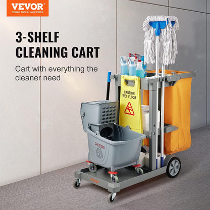 VEVOR Professional Household Cart, 3 Floors, Cleaning Trolley, Polypropylene Washing with PVC Bag, Maintenance Car, Load, 90.7 kg, Liquid Movement, Storage, Maintenance Tools, Office, Hotel, Grey