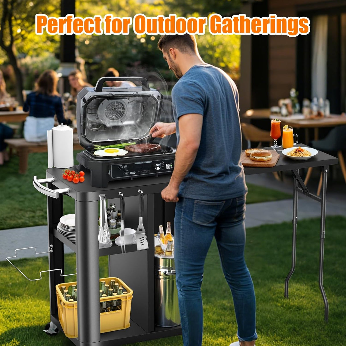 GFTIME Grillwagen, grilltafel met inklapbare bijzettafel, outdoorkeuken met haken, opbergrek en kast, serveerwagen met wielen, buitenkeuken, 143 x 37 x 89 cm