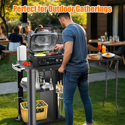 GFTIME Grillwagen, grilltafel met inklapbare bijzettafel, outdoorkeuken met haken, opbergrek en kast, serveerwagen met wielen, buitenkeuken, 143 x 37 x 89 cm