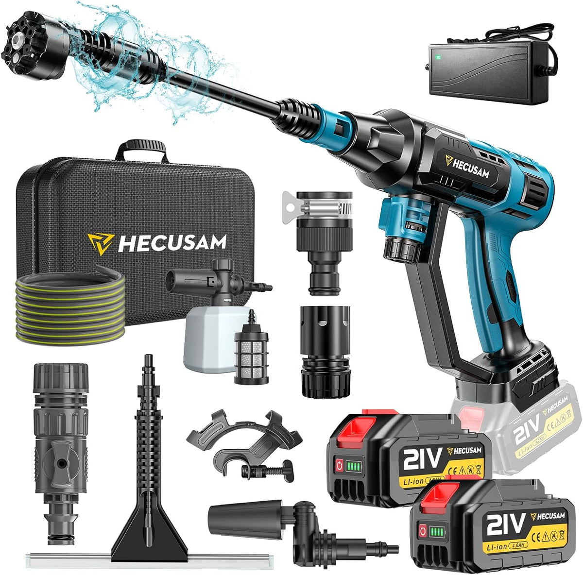 Hogedrukreiniger, 3000 W, borstelloze motor, 4-snelheden, max. 125 bar, mobiele drukreiniger met 2 x 4,0 Ah batterijen, 6-in-1 en 180 graden draaibaar mondstuk, schuimsproeier, reinigingsborstel