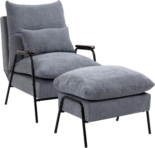 HOMCOM Relax Chair with Stool, Chair with Adjustable Backrest, Reclining Function, Cushion, Lounge Chair, Modern Upholstered Chair with Corduroy, for Living Room up to 180 kg, Light Grey - QUORE