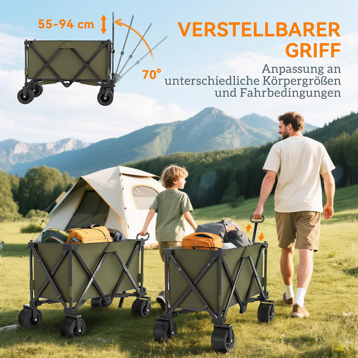 Outsunny Handcart Folding Handcart with Adjustable Handle, Pockets, Green - QUORE