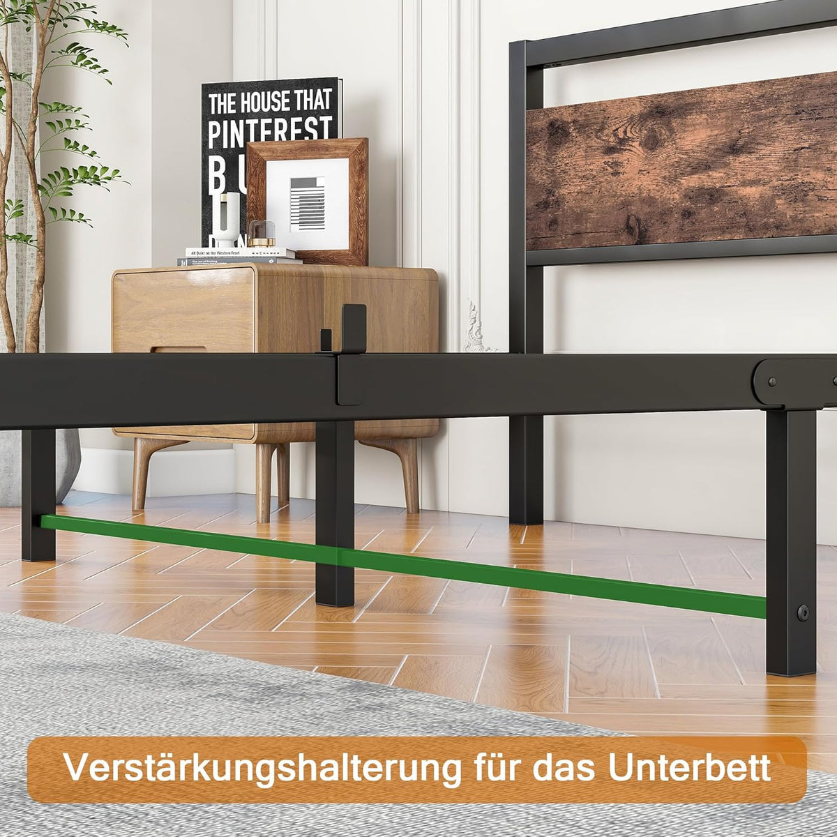 Bedframe 160x200 van metaal en hout, metalen bed met lattenbodem, logeerbed, tienerbed, tweepersoonsbed 160x200 cm met hoofdeinde, metaal bed, bruin en zwart