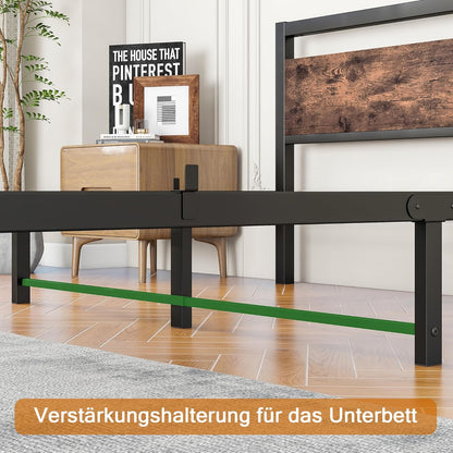 Bedframe 160x200 van metaal en hout, metalen bed met lattenbodem, logeerbed, tienerbed, tweepersoonsbed 160x200 cm met hoofdeinde, metaal bed, bruin en zwart