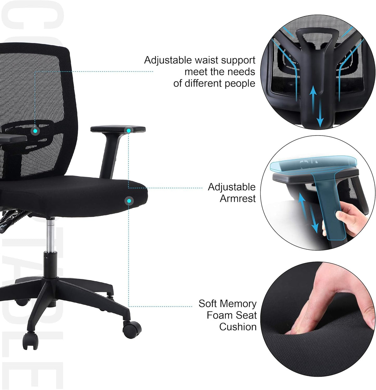 ALPHA HOME Office Chair, Ergonomic Height Adjustable Swivel Chair, Computer Office Chair with Adjustable Lumbar Support, Armrest, Tilt Function, Up to 160 kg Load Capacity