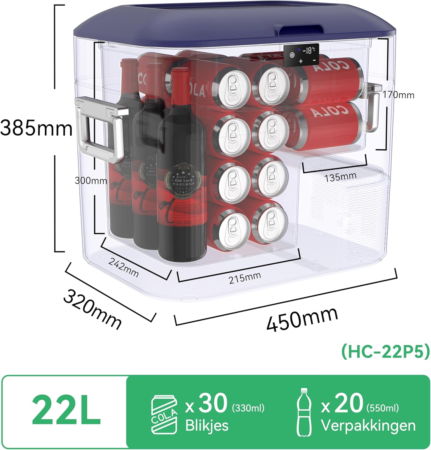 BINGI Compressor Koelbox, 22 Liter Draagbare Auto Koelkast, 12/24 V DC en 230 V AC voor Auto, Vrachtwagen, Camping, Camper en Stopcontact