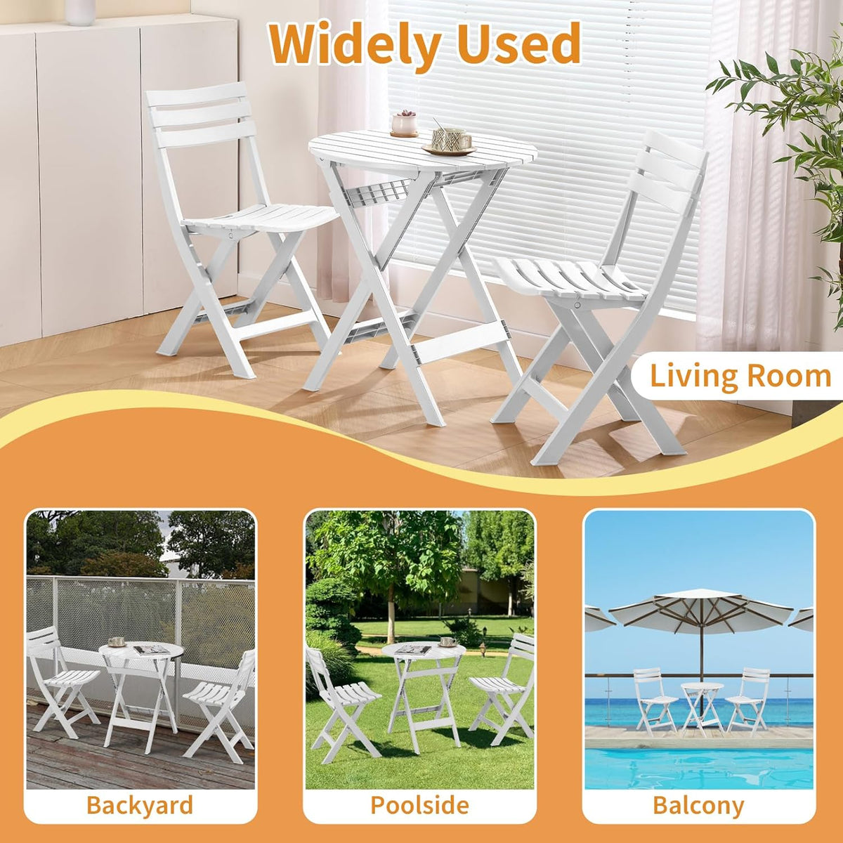 Plastic opvouwbare bistroset, 3-delige terrasbistroset, draagbare binnentafel en stoelen met rugleuning, opvouwbare terrasmeubelset voor balkon, veranda, achtertuin, tuin, zwembad (wit)
