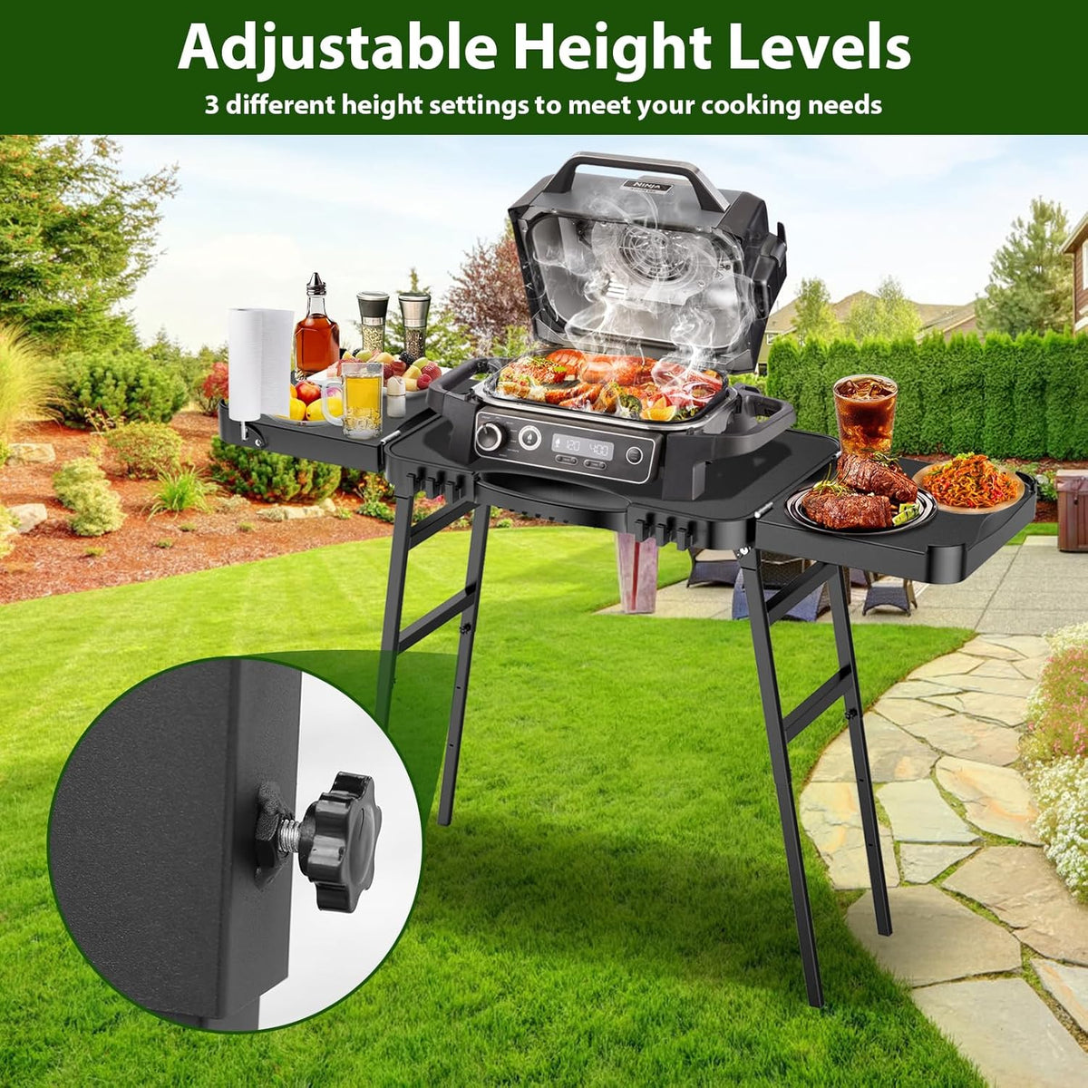 GFTIME Universele draagbare grillwagen voor Enders Urban, Weber Q100/Q200/Q300, Ninja Woodfire, Burnhard Wayne, opvouwbare outdoor grillstandaard met groot werkblad en in hoogte verstelbare poten