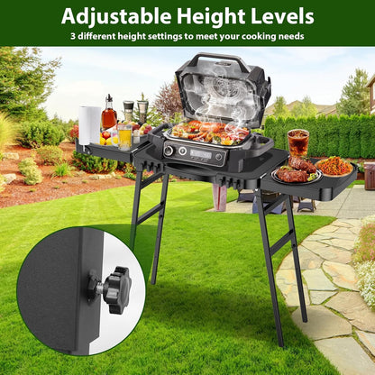GFTIME Universele draagbare grillwagen voor Enders Urban, Weber Q100/Q200/Q300, Ninja Woodfire, Burnhard Wayne, opvouwbare outdoor grillstandaard met groot werkblad en in hoogte verstelbare poten