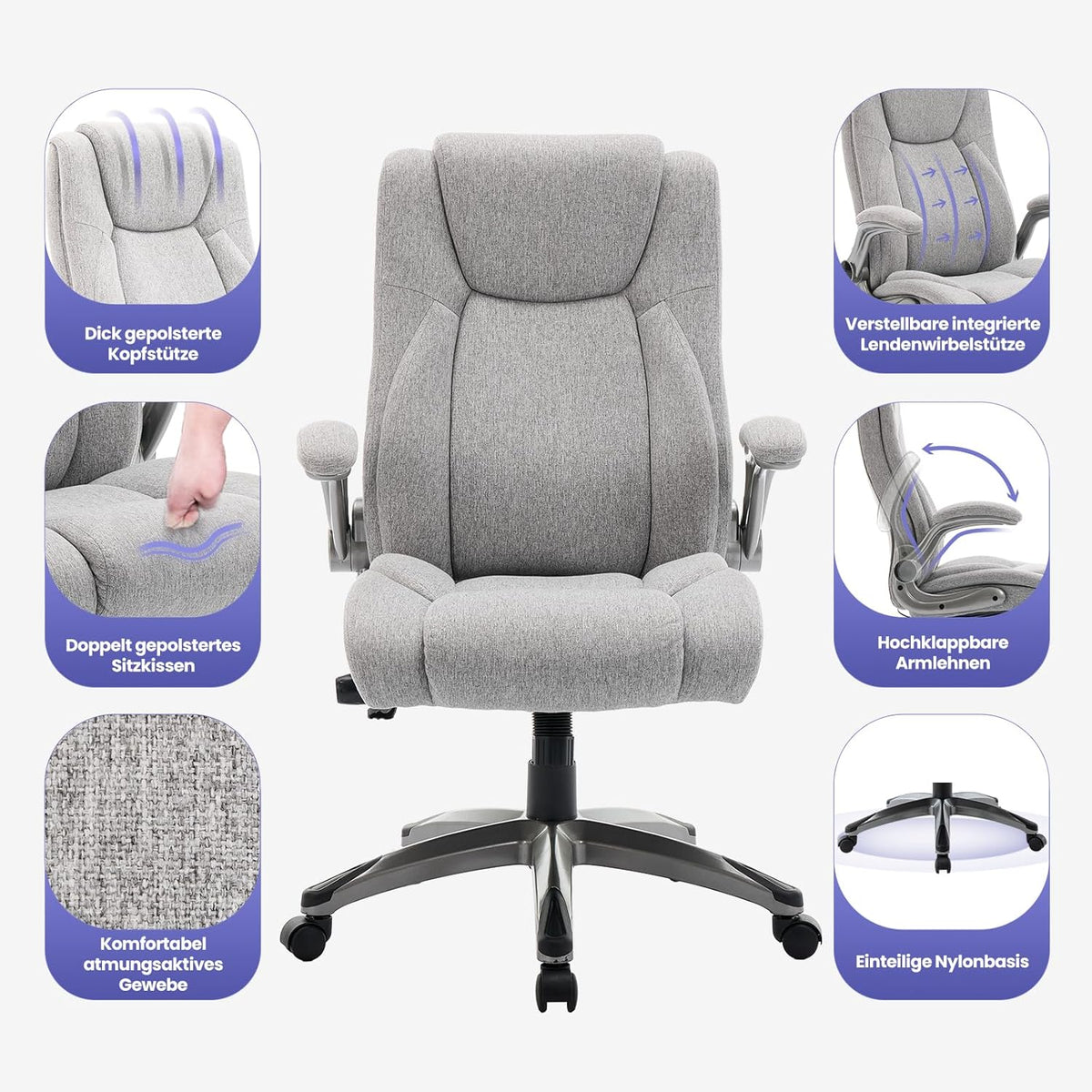 COLAMY Bureaustoel, ergonomisch, directiestoel met hoge rugleuning, ergonomische 360° draaistoel voor kantoor, lederen stoel met verstelbare kantelsluiting, grijs