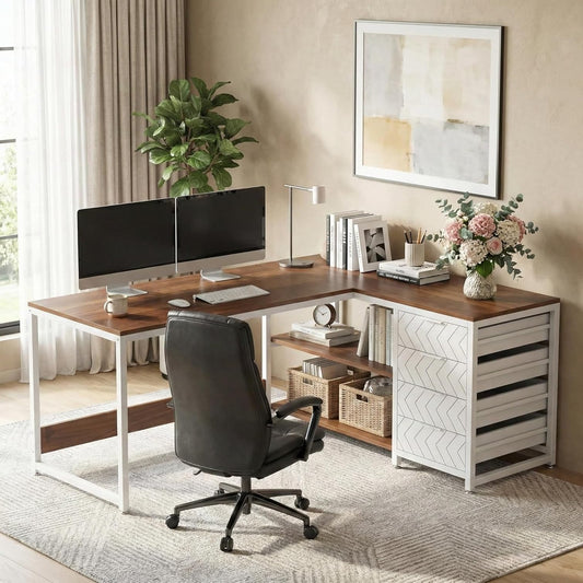 Hoekbureau – L-Vormig Bureau – Computerbureau – Bureautafel – Werkplek – 150x110 cm – Reversibele 4 Lades & 2 Legplanken – Walnoot Wit Met Metaal