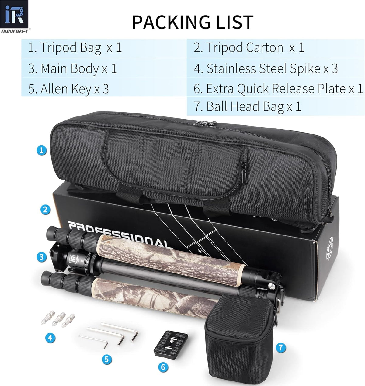 INNOREL RT75CM Koolstofvezel Statief 172 cm Professionele 2-in-1 Reisstatief & Balhoofd Kit Monopod Max Belasting 20 kg Max Buis 29 mm Heavy Duty Camera Ondersteuning met Middenkolom N44 Kogelhoofd