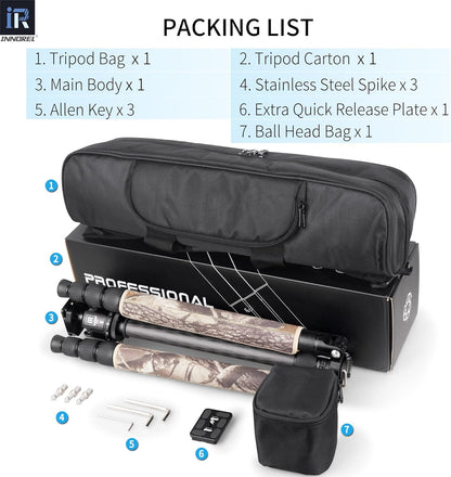 INNOREL RT75CM Koolstofvezel Statief 172 cm Professionele 2-in-1 Reisstatief & Balhoofd Kit Monopod Max Belasting 20 kg Max Buis 29 mm Heavy Duty Camera Ondersteuning met Middenkolom N44 Kogelhoofd