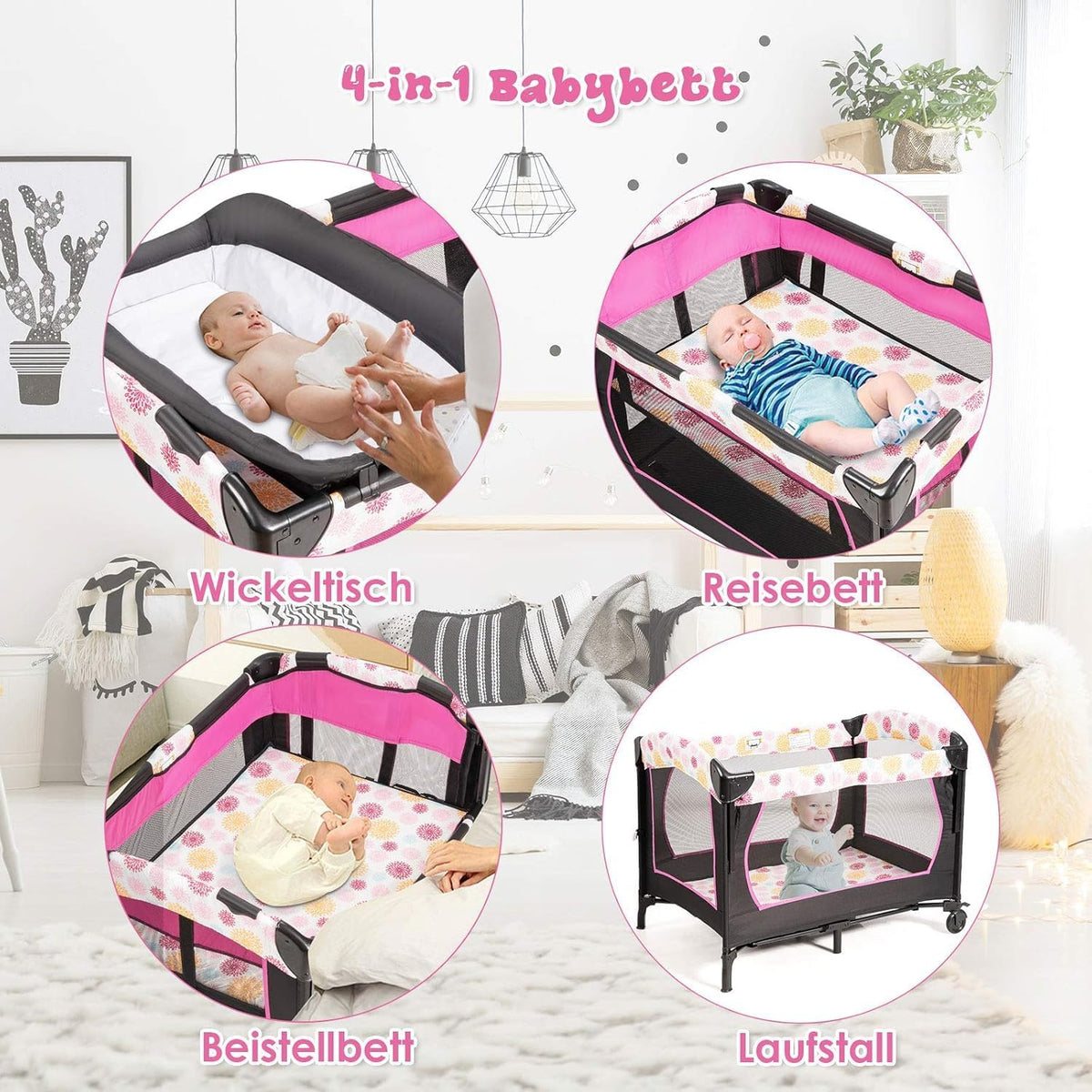 FANTASK 4-in-1 inklapbaar reisbed tot 15 kg, mobiele wieg, bijzetbed & commode & box, 2 niveaus babybed in hoogte verstelbaar met draagtas, matras en muziekdoos