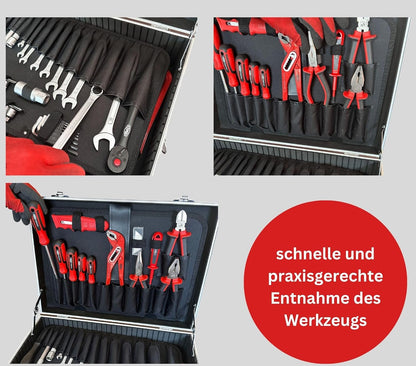 Famex 755-57 Aluminium gereedschapskoffer, uitgerust met hoogwaardig gereedschap, complete set, gevuld, gereedschapskist voor huishouden, garage, werkplaats