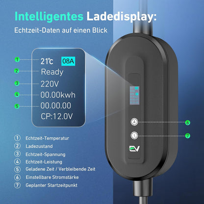 Type 2 Laadkabel – Oplaadkabel Elektrische Auto – EV Laadsnoer – EV Charger Kabel – Schuko Laadkabel – Instelbaar Laadvermogen 3,68 kW – Digitaal Display Met Timer