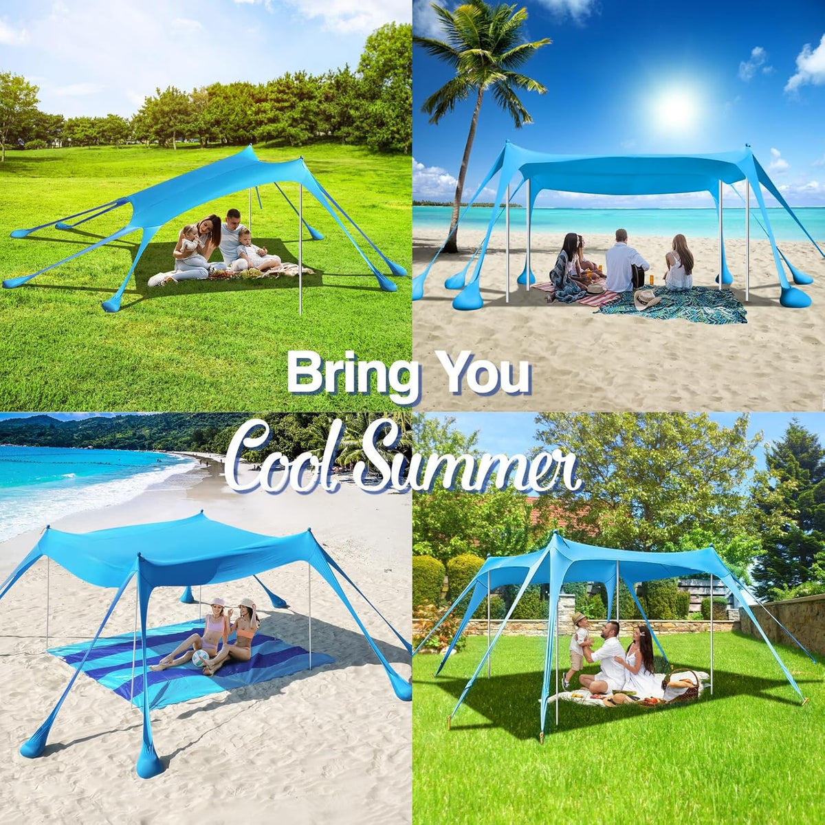 Rhino Valley Strandtent, 7 x 6,5 FT strandschaduw UPF50+ bescherming, strandluifel met 8 zandzakken, 4 stabiliteitspalen, outdoor strandtent, zonnescherm voor zand, camping, visbenodigdheden