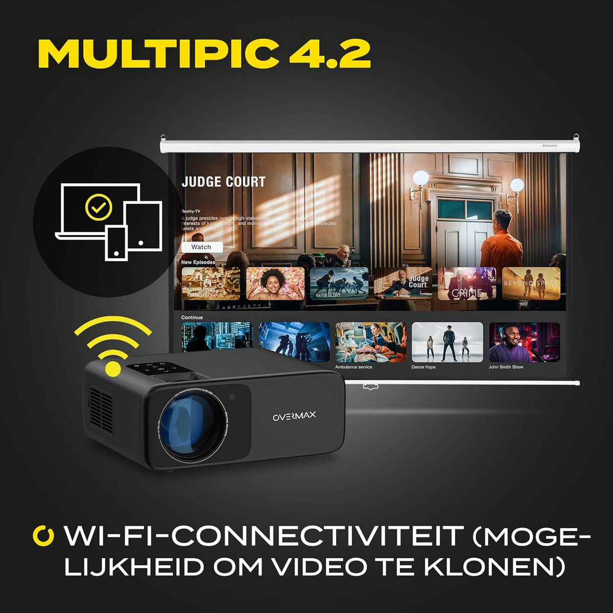 Overmax Multipic 4.2 Full HD 1080p LED Projector: 200" Groot Scherm 4500 Lumen 50000u Lampduur Wi-Fi & BT HMDMI USB Ingebouwde Luidspreker Beleef EURO 2024 en Filmavonden Thuis in Ultieme HD Kwaliteit