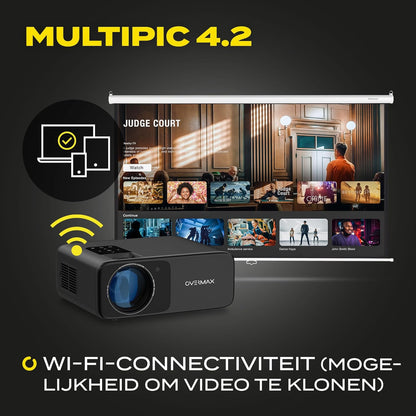 Overmax Multipic 4.2 Full HD 1080p LED Projector: 200" Groot Scherm 4500 Lumen 50000u Lampduur Wi-Fi & BT HMDMI USB Ingebouwde Luidspreker Beleef EURO 2024 en Filmavonden Thuis in Ultieme HD Kwaliteit