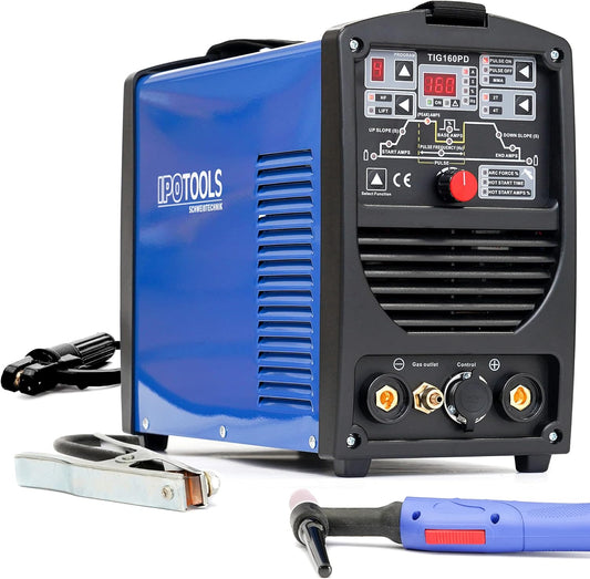 IPOTOOLS 160PD WIG lasapparaat, TIG WIG-lasapparaat, 160 amper, volledig digitale omvormer lasapparaat met HF-ontsteking, pulsfunctie, MMA, IGBT, 32-bits microprocessor, 7 jaar garantie